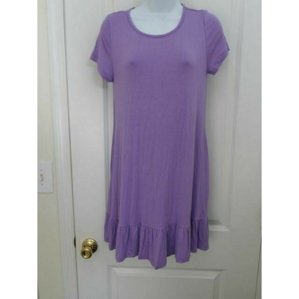 Annabelle Womens Purple Short Sleeve Ruffle Hem Round Neck Shift Dress Sz‎ Small